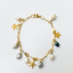 18K Yellow Gold PVD Plated Paperclip Chain Freshwater Pearl Charm Bracelet 8"